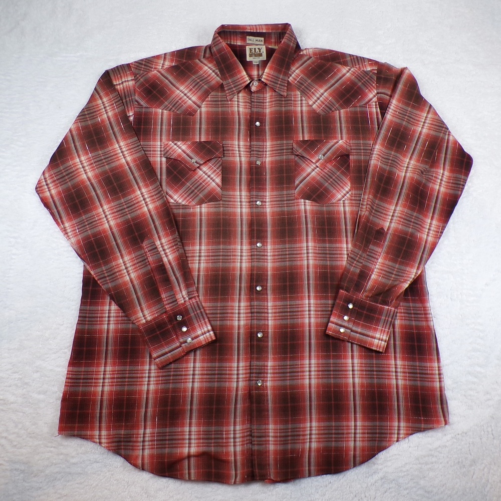 Ely Cattleman Tall Man Western Pearl Snap Shirt Men's XXLT Red Plaid Long Sleeve